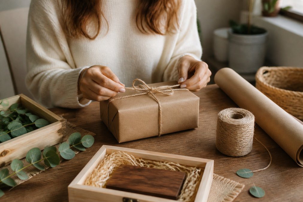 A woman's hands carefully wrapping a small, personalized wooden keepsake box in recycled kraft paper with twine, soft natural light in a cozy home setting