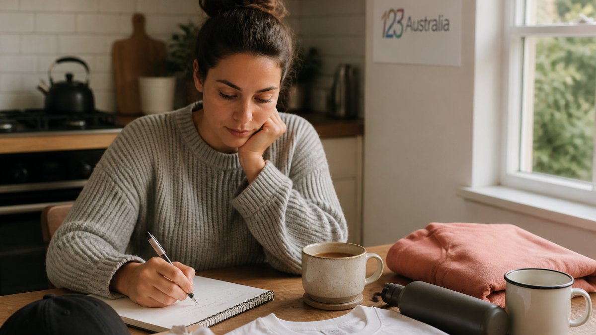 A person sitting at a kitchen table with a notepad, thoughtfully writing down gift ideas, a cup of tea nearby and soft natural light coming through a window