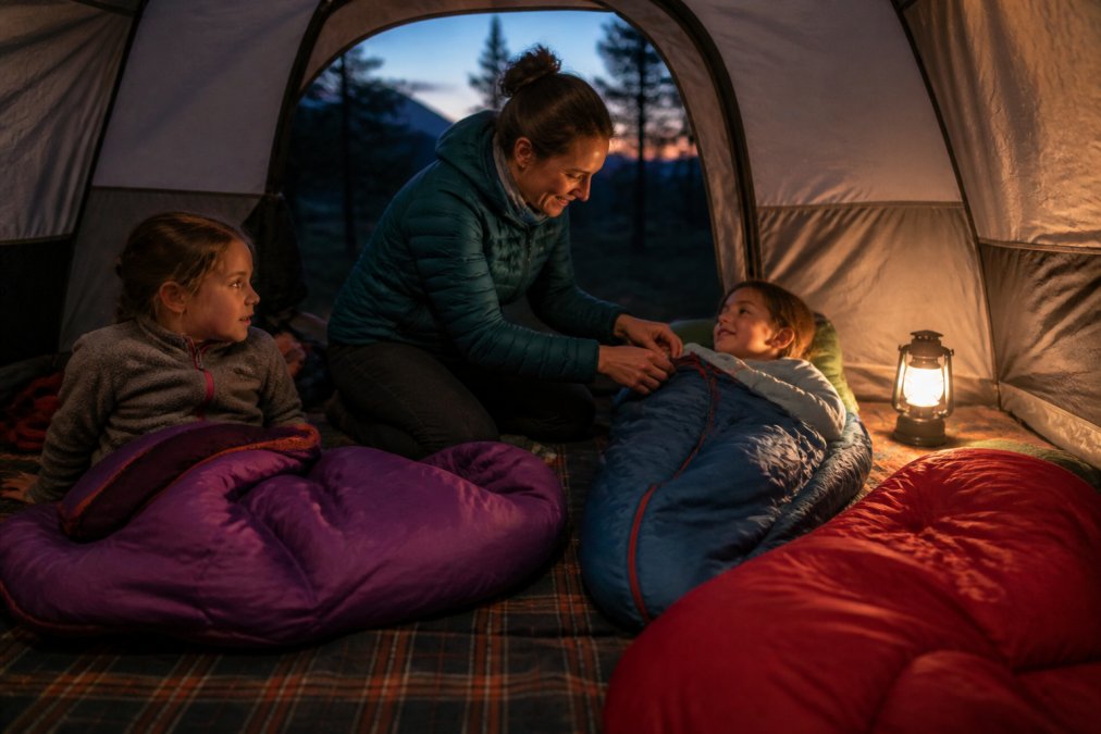 Parent zipping a child's sleeping bag in a tent as you choose a sleeping bag for a family camping trip.