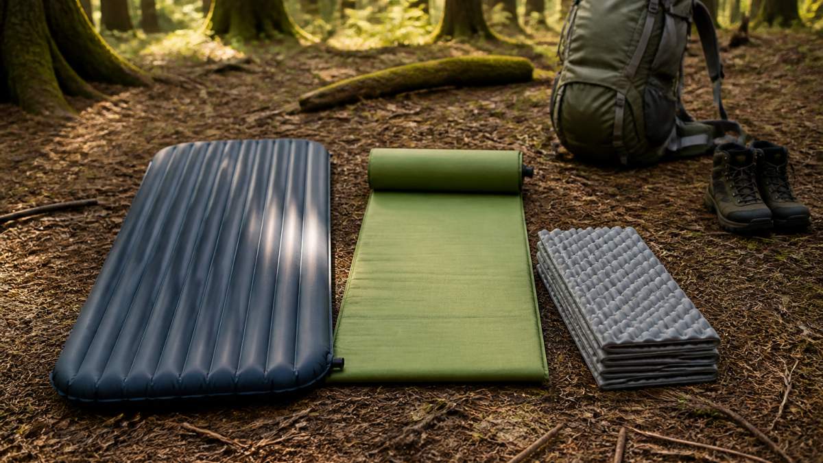 Air, self-inflating, and closed-cell foam pads arranged on a forest floor with a backpack and hiking boots nearby.