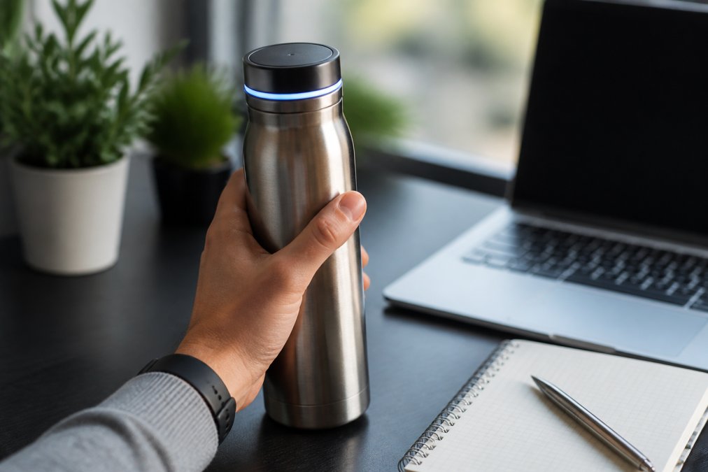A close-up of a person's hand holding a sleek stainless steel smart water bottle with a glowing LED ring, set on a modern home office desk with a laptop and notebook in the background