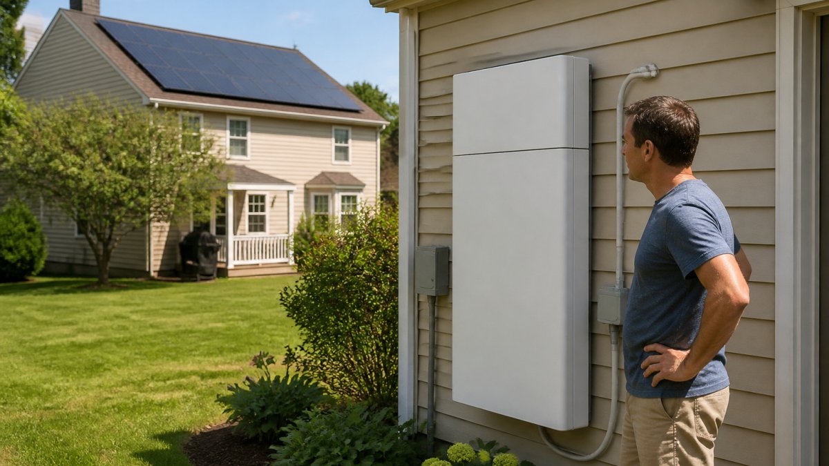 Homeowner inspecting a wall-mounted Maryland solar battery unit in a sunny suburban backyard