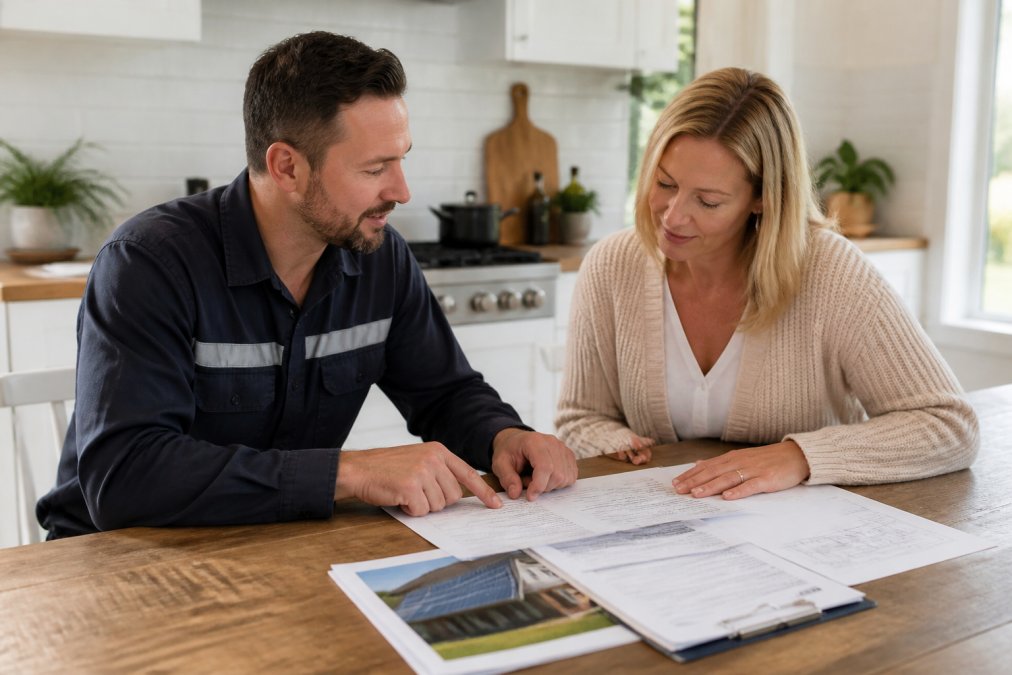 Homeowner and solar installer reviewing technical documentation and quotation papers together at kitchen table, discussing system specifications and warranty details