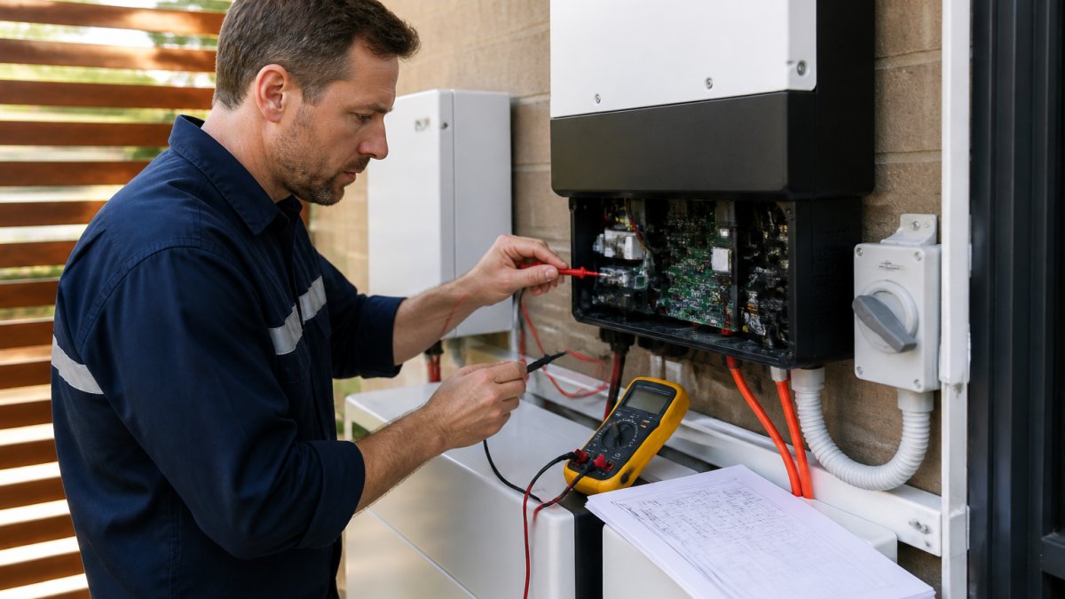 Professional technician measuring electrical specifications on a hybrid inverter unit mounted on a home wall, with a multimeter and installation documentation visible