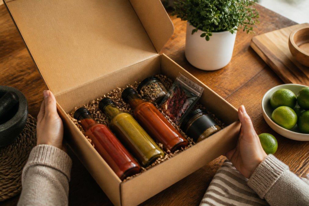 Infographic showing the unboxing process for a specialty food gift box featuring artisan sauces and gourmet items.