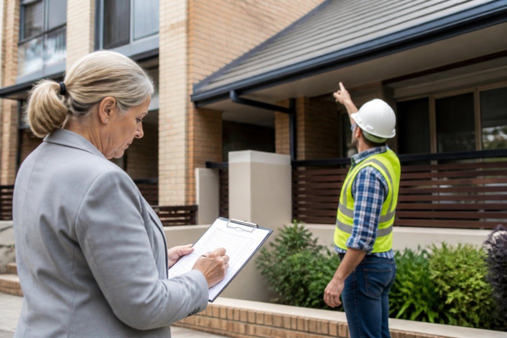 Strata committee member using a checklist while a strata maintenance contractor inspects building roof gutters