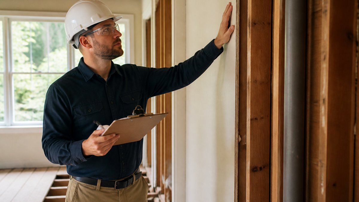 Structural engineer inspecting a residential wall with tools to help you choose a structural engineer for home renovation