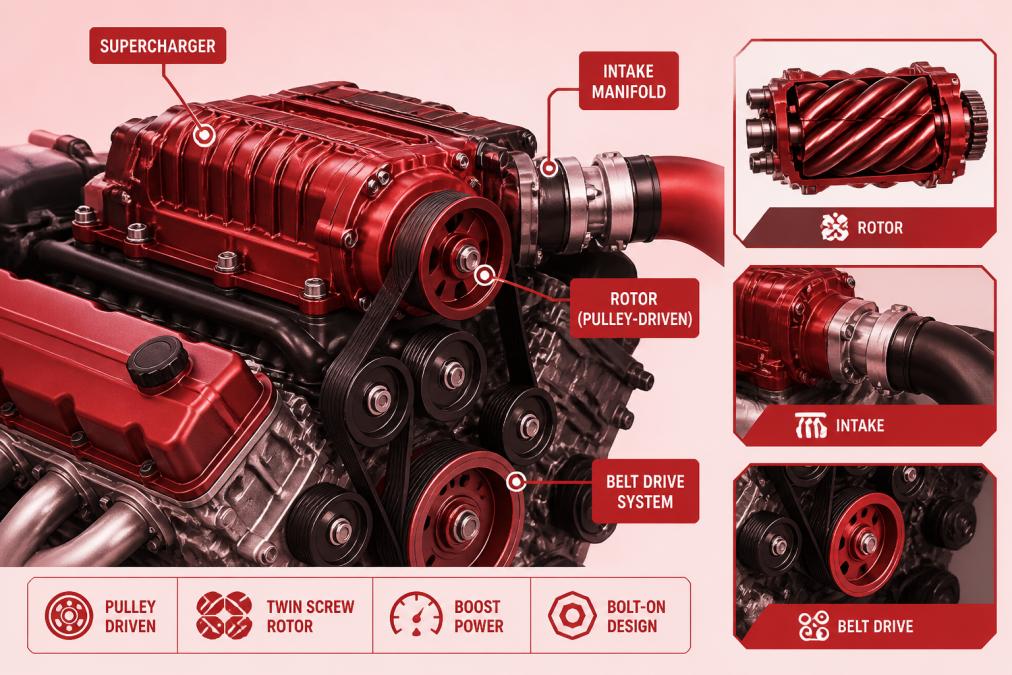 Close-up of a bolt-on supercharger assembly mounted on an engine block, showing the pulley-driven rotor, intake manifold connection, and belt drive system with mechanical precision detail in a workshop setting