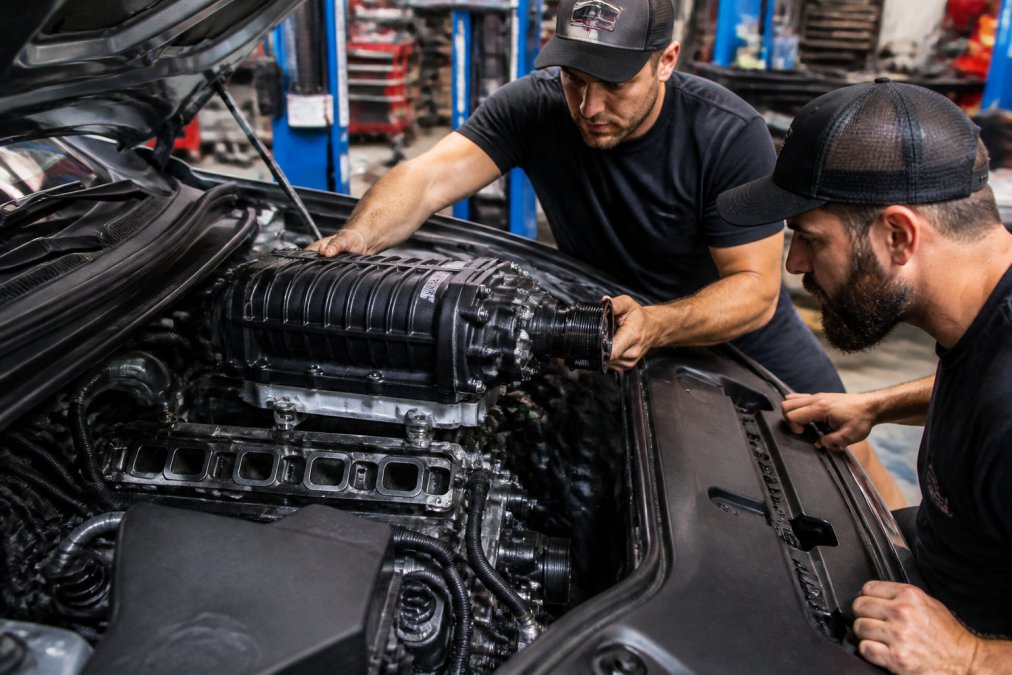 Experienced mechanic installing a bolt-on supercharger kit in a well-lit professional workshop, carefully aligning the compressor assembly with the engine block while another technician monitors the fitment