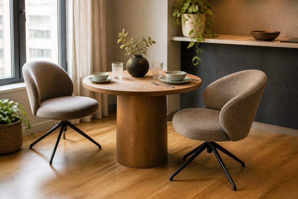 Diagram illustrating a compact dining nook layout featuring a round timber table and two upholstered swivel dining chairs.