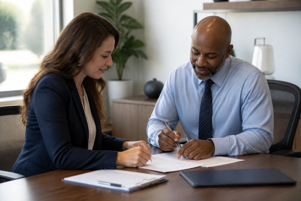A small business owner and a tax professional sitting across a desk in a bright office, reviewing documents and taking notes during a consultation