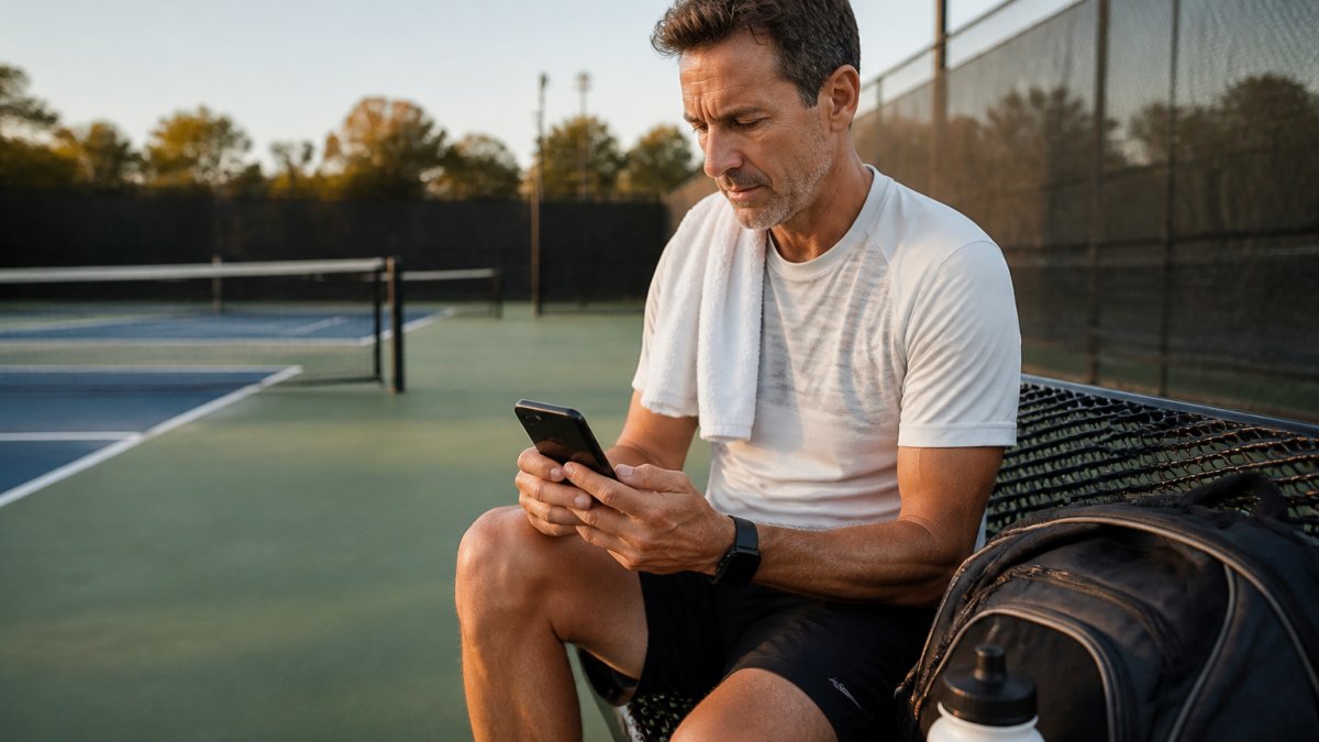 An adult tennis player in their forties reviewing a coaching app on a smartphone at the side of a court, tennis bag and water bottle nearby, late afternoon light
