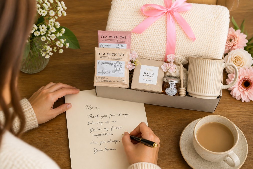 A handwritten note with a pen resting on it next to a wrapped gift box with a ribbon, showing someone personalizing a gift with a heartfelt message on cream-colored stationery