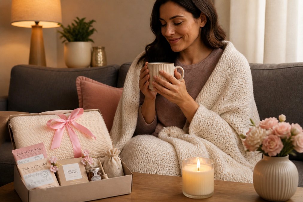 A woman relaxing on a comfortable couch with a soft cozy blanket draped over her shoulders, holding a warm beverage in a ceramic mug, with a lit candle glowing on the side table in a warm, softly lit home setting