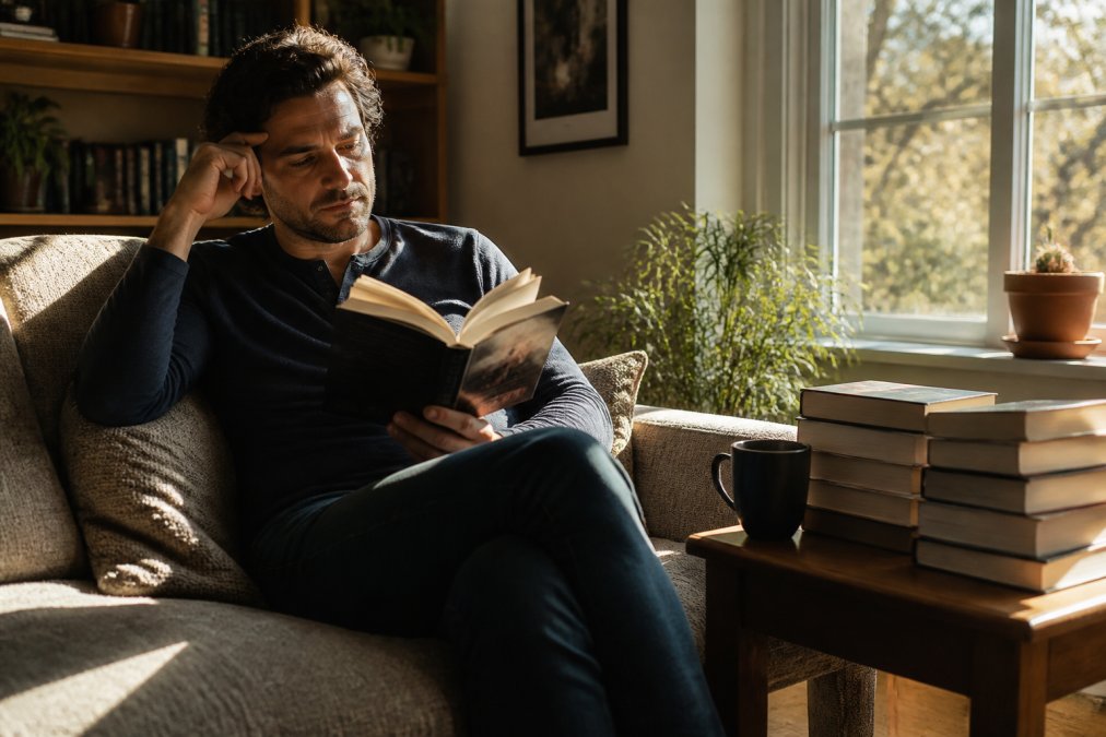 A flowchart on how to choose a thriller series based on reading preferences and genres while relaxing on a couch.