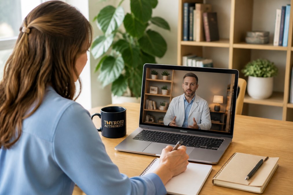 Woman in virtual consultation with a healthcare provider on a laptop screen, taking notes during the conversation in a bright home office with natural lighting