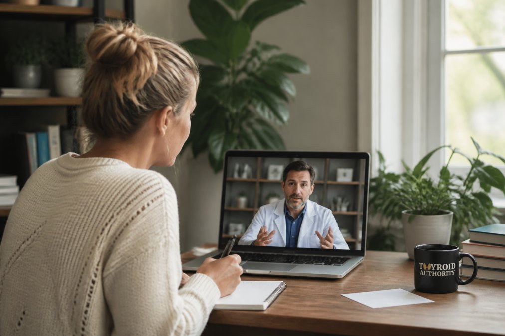 Woman taking notes while speaking with healthcare provider on video call in home office with natural light and professional background