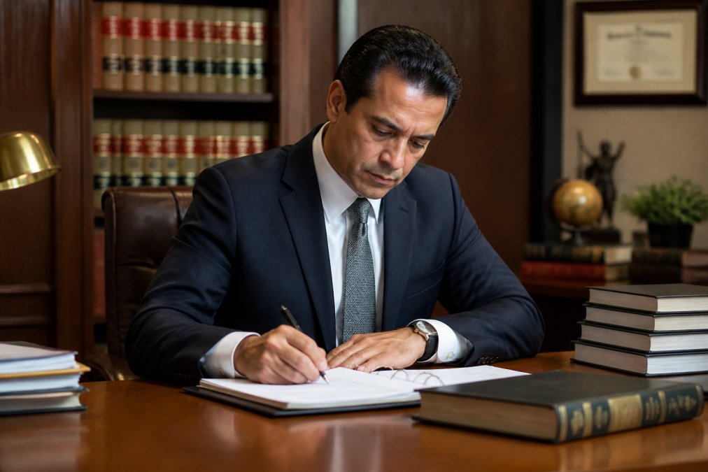 A focused attorney in a professional suit reviewing case files and jotting notes at a wooden desk in a law office, with a laptop and legal books visible