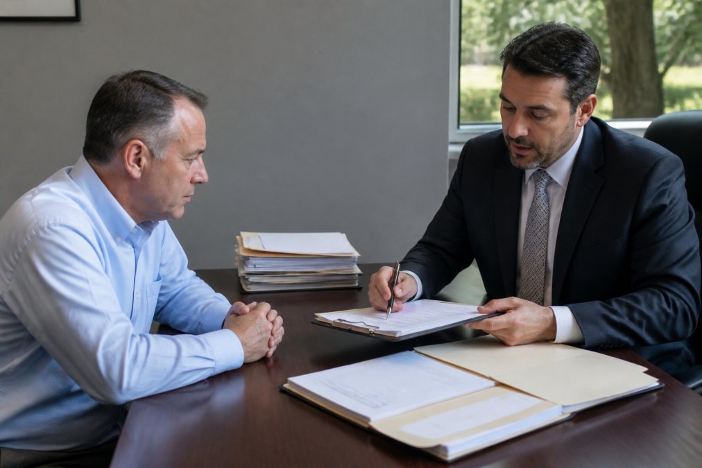 Professional attorney in modern office reviewing case documents with client seated across desk, natural lighting from windows, both focused on paperwork and case files