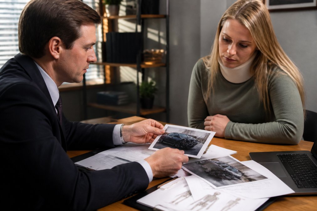 Close-up of hands reviewing accident scene photographs and medical reports on desk with laptop nearby, natural office lighting, documents spread across work surface