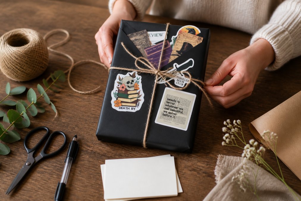 Close-up of hands carefully wrapping a thoughtfully chosen gift with natural kraft paper and twine, with a personalized note card visible nearby on a wooden surface with soft natural light