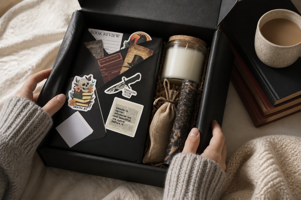 An open curated gift box displaying artfully arranged items including books, candles, journals, and keepsakes with soft natural lighting emphasizing the quality and thoughtfulness of the presentation