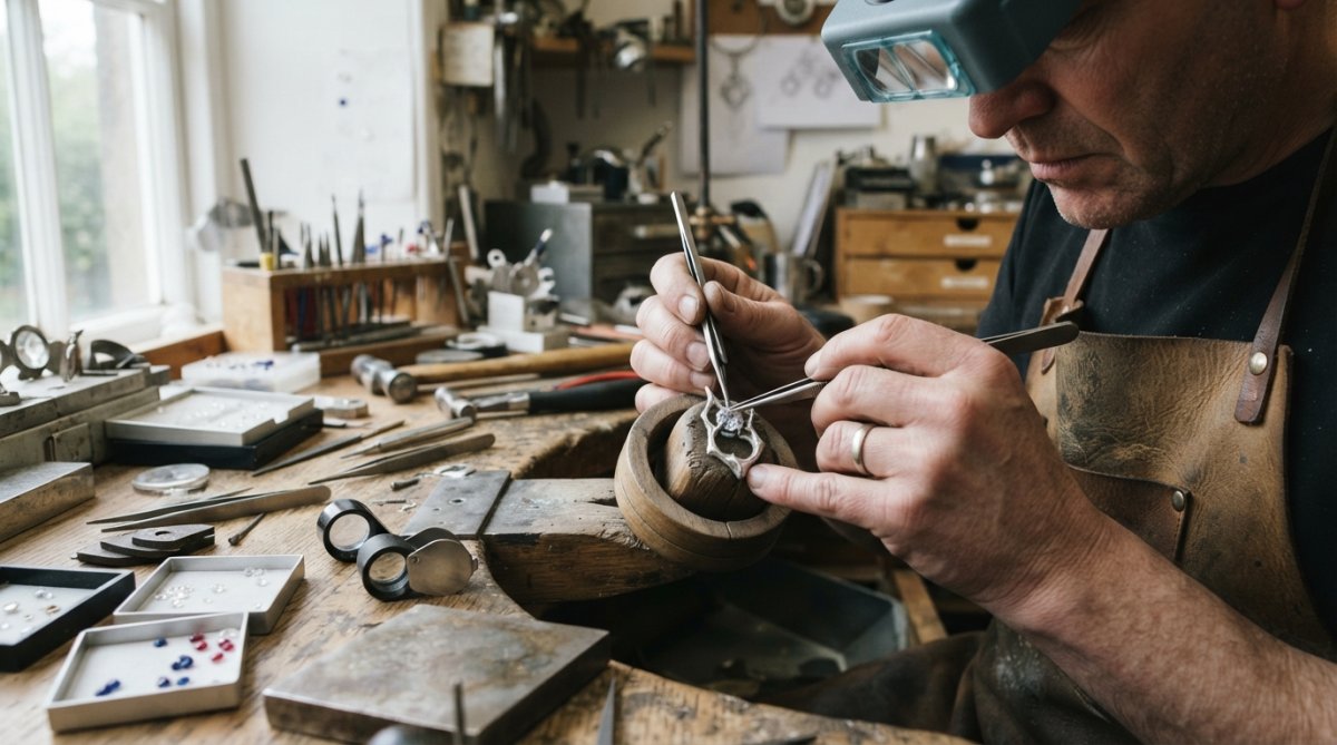 Professional jeweller's hands carefully examining and setting a diamond into a custom pendant using precision tools on a workbench with precious metals and gemstones visible