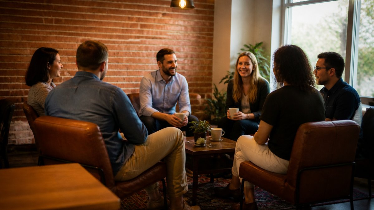 Professionals conversing in an intimate event venue with exposed brick walls and warm ambient lighting.