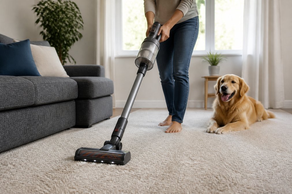 Person using a vacuum for allergy relief to clean pet hair from a living room carpet while a dog sits nearby.