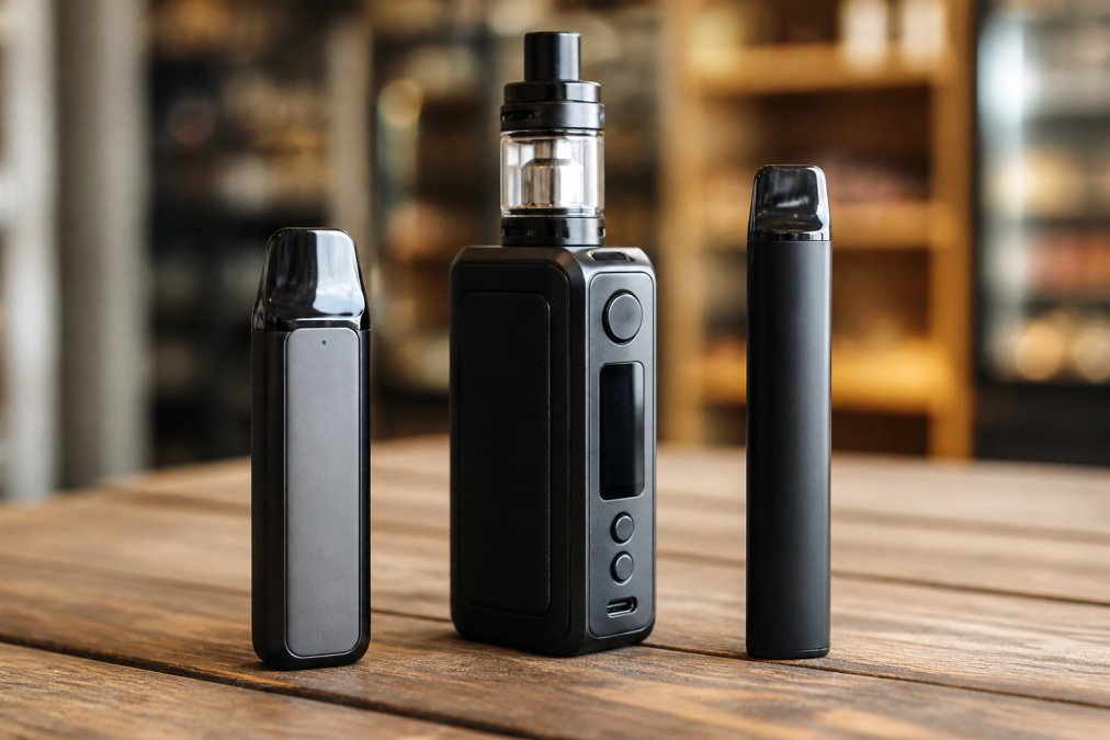 Close-up of three different vape devices arranged on a wooden surface: a sleek compact pod system, a larger box mod with visible tank and adjustable buttons, and a slim disposable vape pen, showing the size and design contrasts between device types