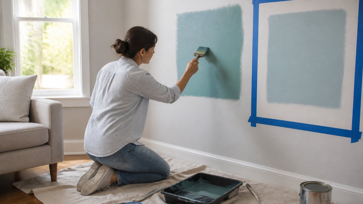 A person kneeling on a drop cloth brushing a large square paint sample directly onto a living room wall beside a taped-off section, paint tray and roller nearby, natural daylight from a window