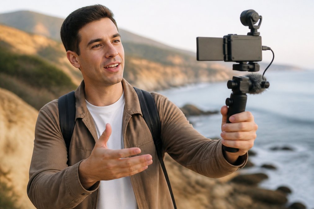 Content creator holding a compact gimbal vlogging camera with flip screen in natural outdoor lighting, with microphone attachment visible on the mounting bracket