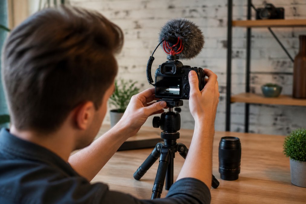 Hands adjusting autofocus settings on a vlogging camera screen with tripod and external microphone mounted in background on a desk