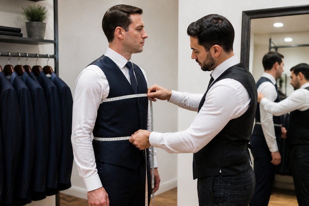 Tailor measuring a client's chest and waist to ensure a perfect fit for a three piece suit in a bright fitting room.