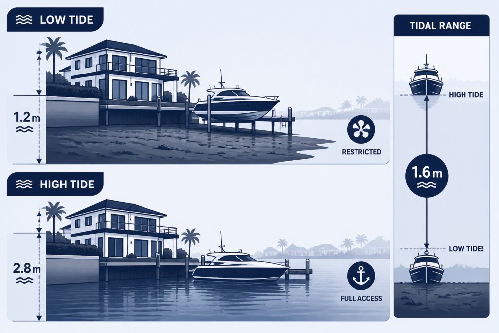 Waterfront property showing tidal effects with exposed mudflats during low tide and full water coverage during high tide, illustrating the dramatic difference in canal accessibility and mooring conditions