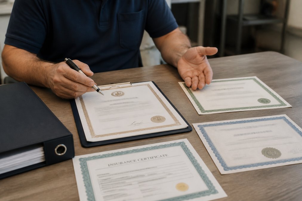 Professional contractor displaying licensed credentials, insurance certificates, and bonding documentation spread on desk with clipboard and pen
