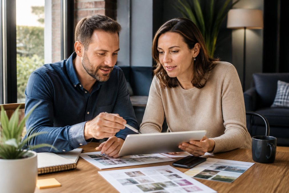 Business owner and web designer in professional meeting, reviewing website mockups and design concepts on a tablet at a modern desk with natural window lighting