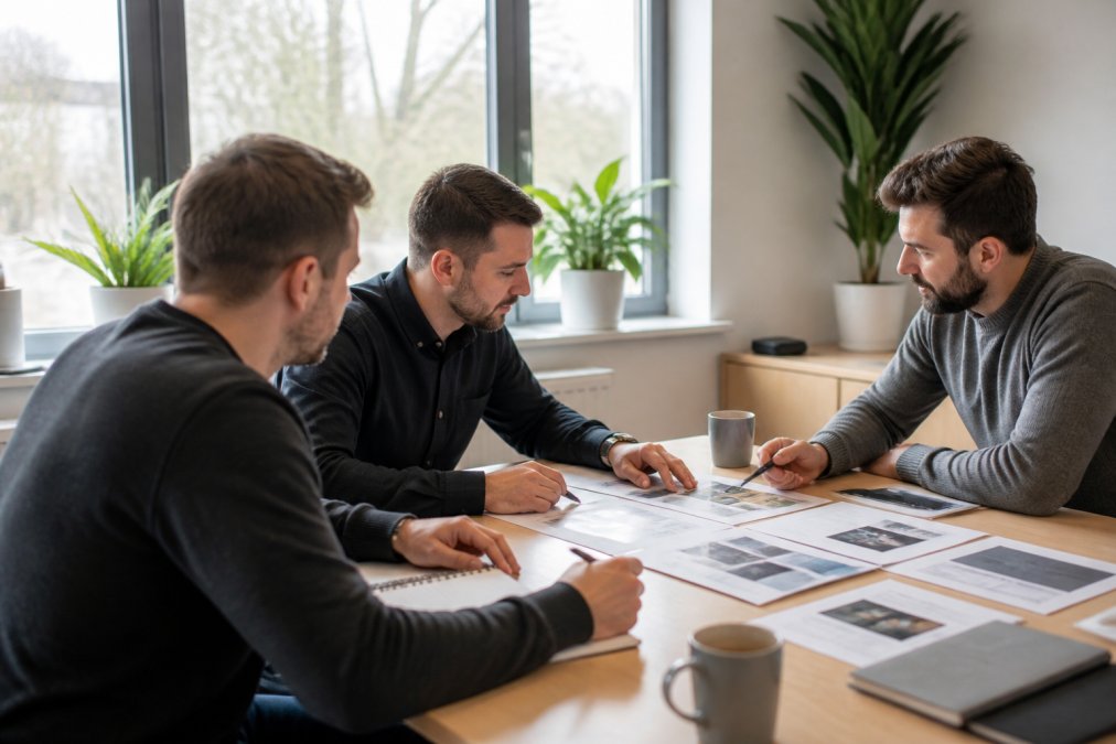 Local web design team collaborating on project in modern office, reviewing website designs on multiple computer monitors with natural lighting from windows