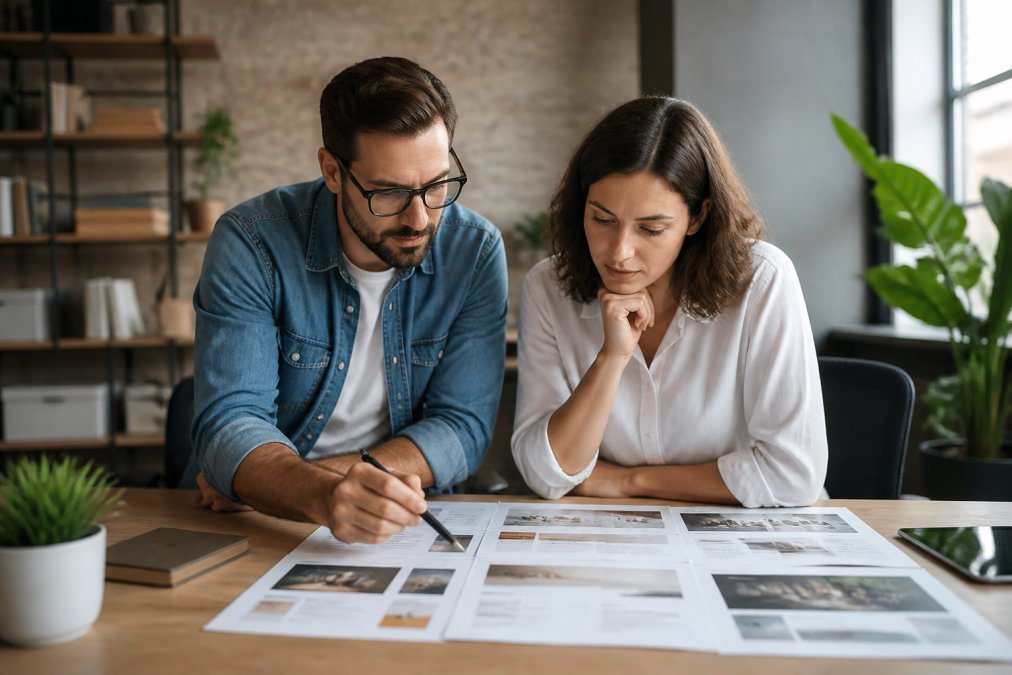 Small business owner reviewing website designs on a laptop with a web developer in a modern office setting, both focused on the screen with design mockups visible
