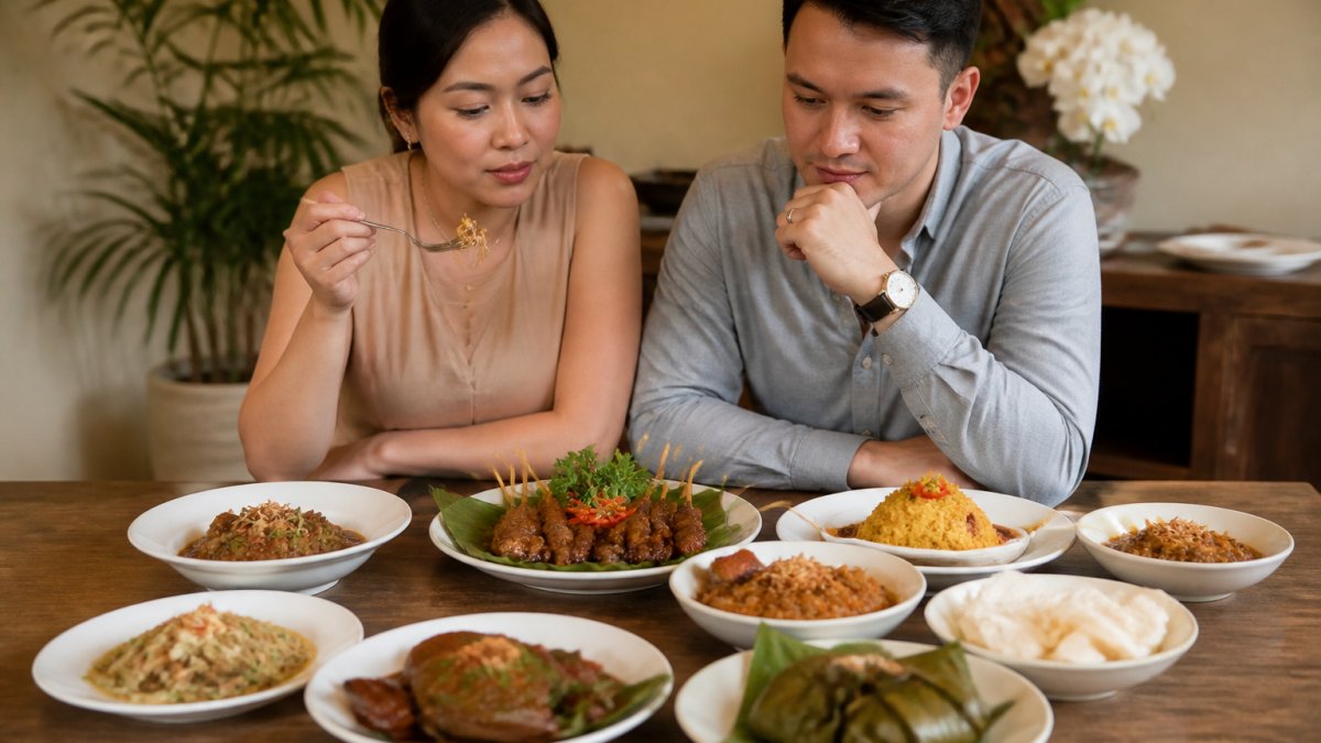 Couple sampling different Indonesian dishes at a catering tasting, examining plated samples with thoughtful expressions in an intimate dining setting