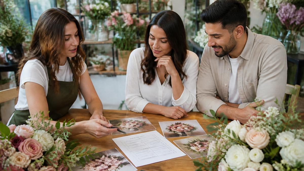 A florist and a couple sitting at a wooden table covered with bridal bouquet samples, inspiration photos, and a printed checklist, discussing design options in a bright flower shop