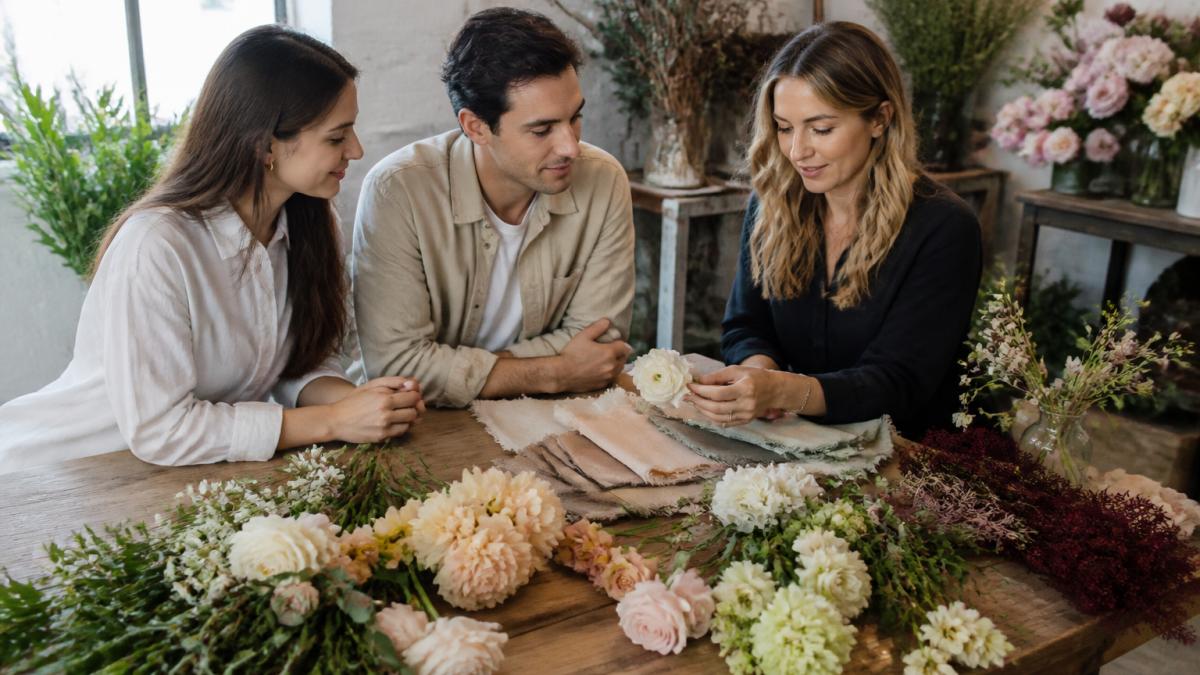 A couple sitting at a wooden studio table with a florist, examining loose seasonal blooms and fabric swatches while discussing color palettes in bright natural light