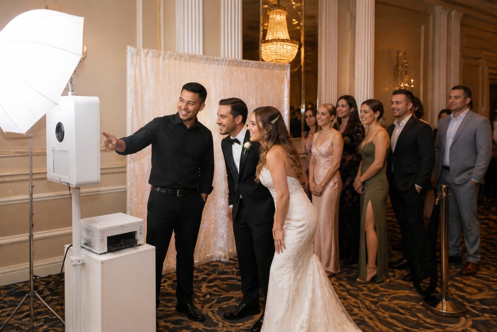 Professional attendant helping a couple at a wedding photo booth in a ballroom with guests waiting in line.