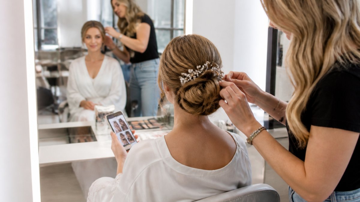 A bride seated in a bright salon chair during a hair and makeup trial, holding a phone showing inspiration photos, with a stylist adjusting her hair in the mirror behind her