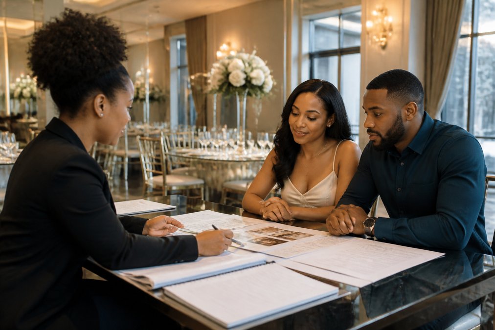 A couple sitting across from a venue coordinator at a polished table, reviewing printed event documents and taking notes during a venue walkthrough meeting inside a stylishly lit event space
