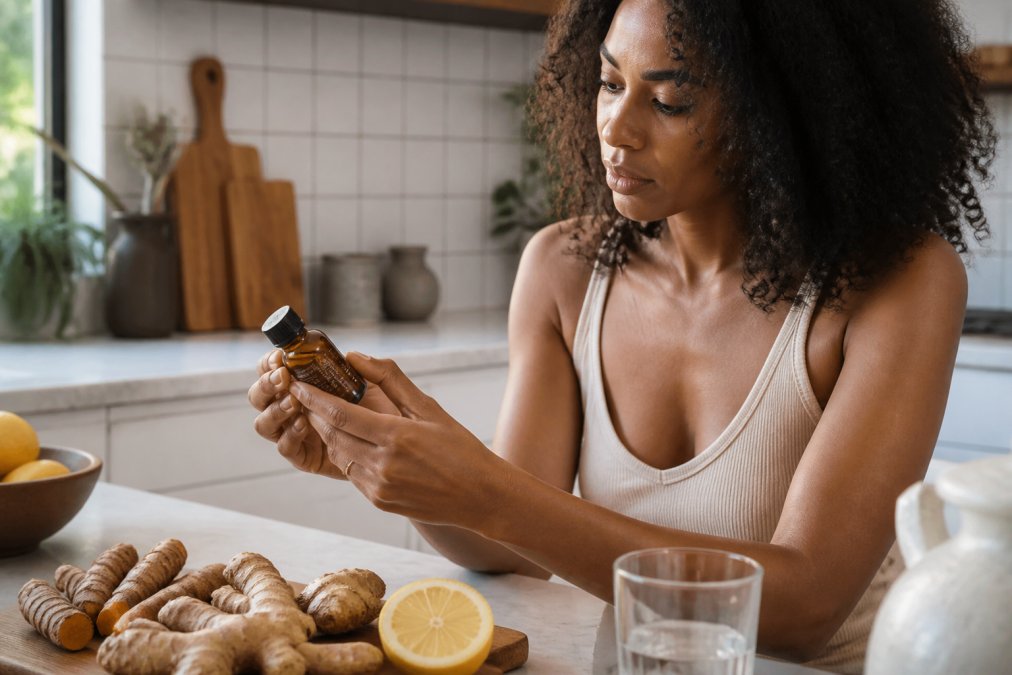 A close-up of a person's hands holding a small amber wellness shot bottle in a bright kitchen, with fresh ginger root, turmeric, and a halved lemon on the counter nearby