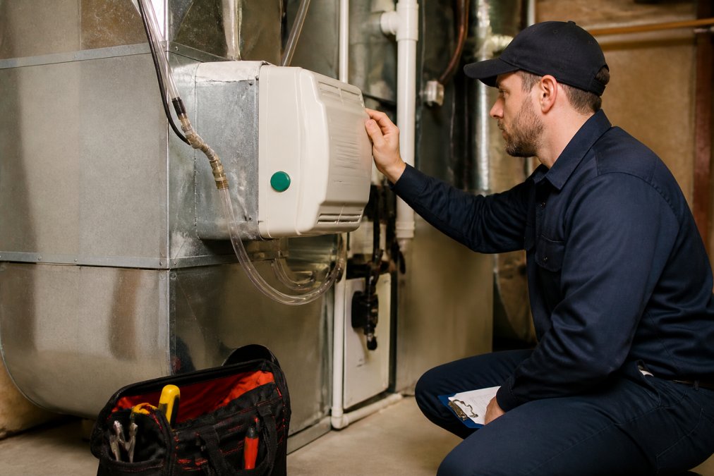 A licensed HVAC technician in uniform inspecting a whole house humidifier unit mounted on the ductwork of a residential forced air system, with tools and a clipboard nearby in a clean basement utility room