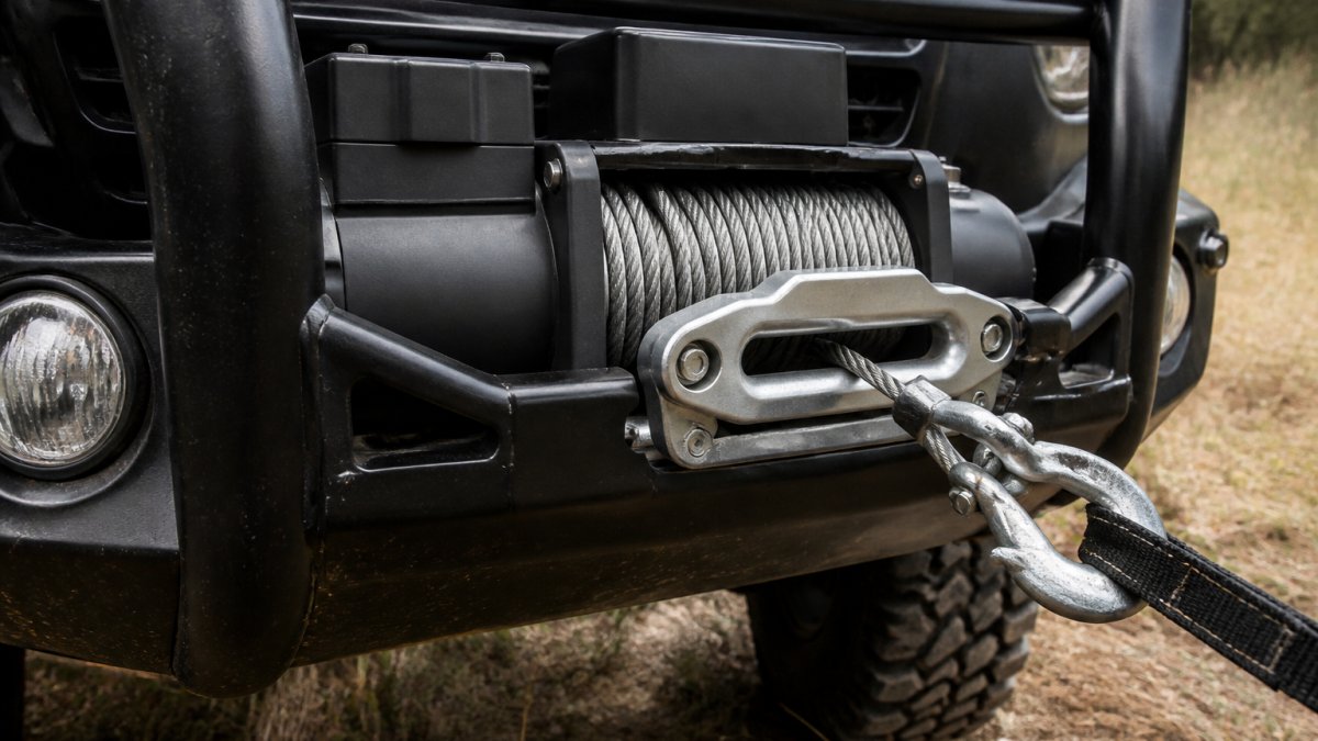 Close-up of a winch mounted on a 4WD vehicle's bull bar showing the fairlead attachment, cable routing, and recovery point in daylight