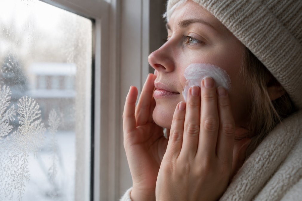 Close-up of a person's hands gently pressing a thick, white cream into their cheeks near a frost-covered window, soft winter morning light casting shadows