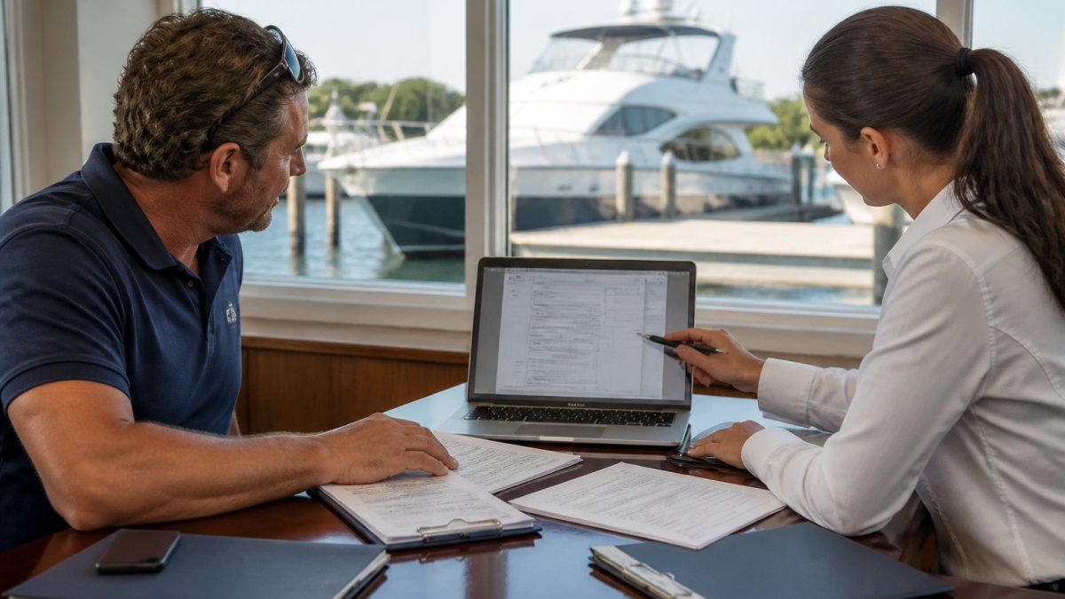 Infographic flowchart showing the decision process for selecting a yacht flag state at a marina office desk